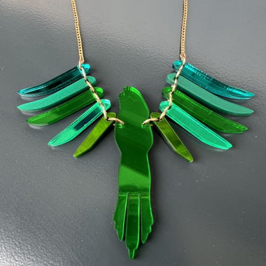 Tatty Devine, green necklace with gold chain, bird