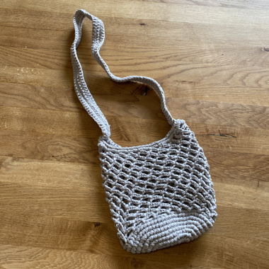 grey crochet bag
