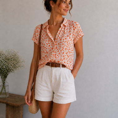 Short-Sleeve Blouse with Pattern