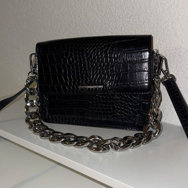 Black Faux-Leather Handbag with Chain Strap