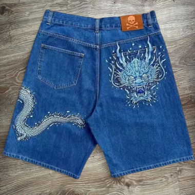 Y2k blue baggy jorts with dragon design