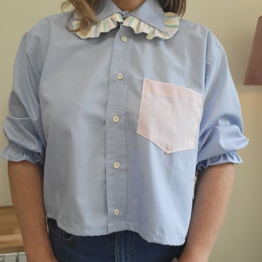 Upcycled off-shoulder shirt