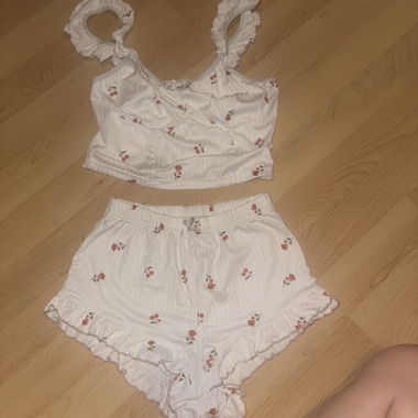 White pajama set with cherry pattern