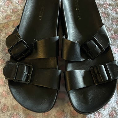 Black buckle slide sandals
