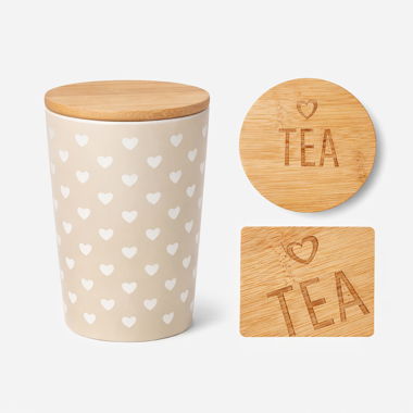 Scatola per tè in ceramica con coperchio in legno