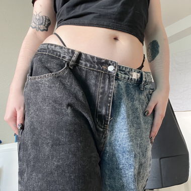Half-and-half coloured baggy jeans