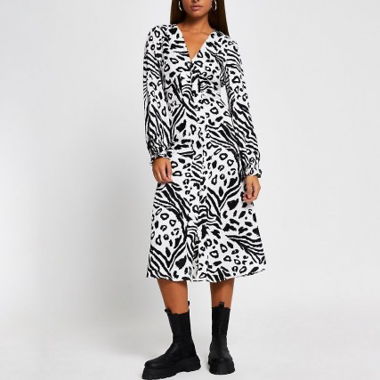River Island Mono Animal Print Shoulder Pad Midi 