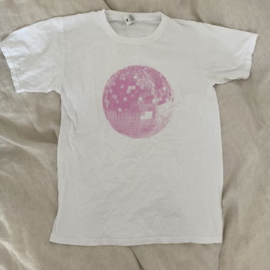 white t-shirt with pink disco ball
