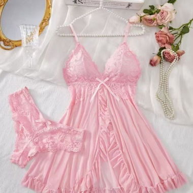 Set lingerie con camicia da notte in pizzo rosa