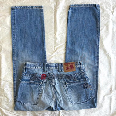 “Petal xxx” embroidered bootcut denim baggy jeans