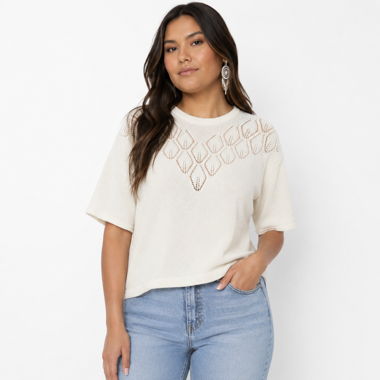 Damen-Pullover aus Crème-Feinstrick mit Lochmuster – Grösse M (ca.)