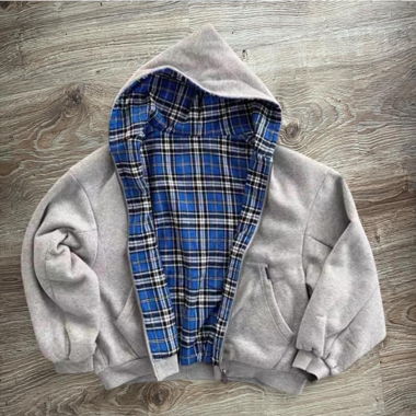 Y2k grauer und blauer wendbarer Baggy-Zip-Hoodie