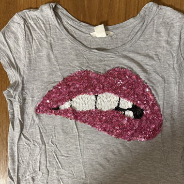 Grey T‑shirt with Sequin Lips Motif