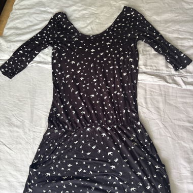Black dress with bird pattern