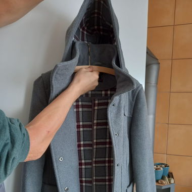 Fishbone Mantel grau Kapuze kariertes Futter M/L