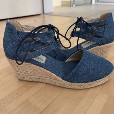 Denim SummeEspadrille Wedges, Lace Up, Size 40