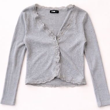 Geripptes Top mit Spitzenkante – Grau