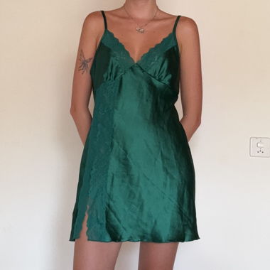Green Satin Chemise with Lace