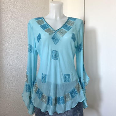 Blaues Vintage-Langarm-Top mit Glanzdetails (L)