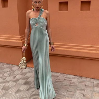 Long Pleated Dress in Sage Green