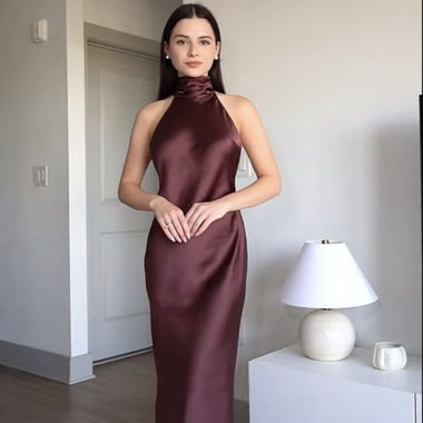 Robe longue en satin Zara à col en forme de col bateau/attache au cou, taille M, marron