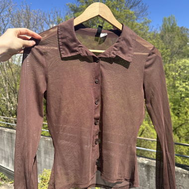 Brown Mesh Shirt Crop Top S