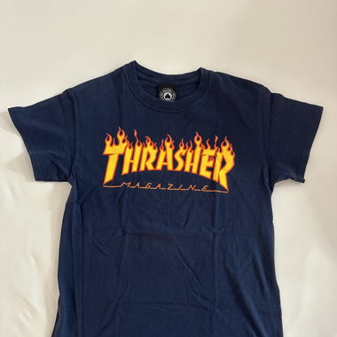 Dark blue trasher shirt with flames