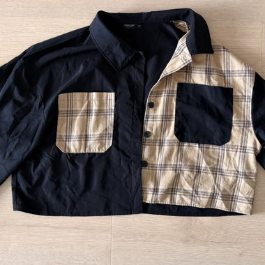 Cropped Jacket with Check Pattern & Patchwork Design