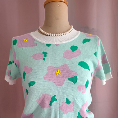 T-shirt maille fleuri turquoise et mauve T.U Top 