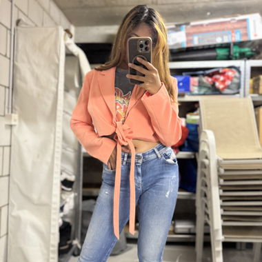 Coral tie-front crop blazer