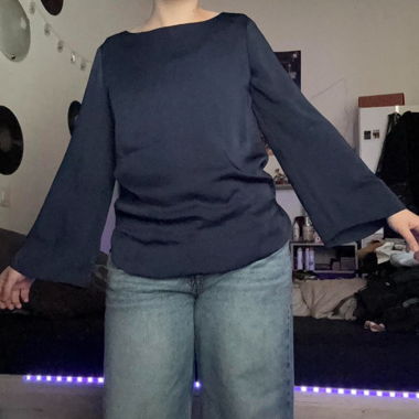 edc navy blue satin blouse with flared sleeves