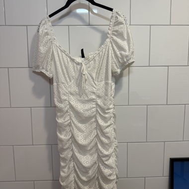 white midi dress with ruched detail