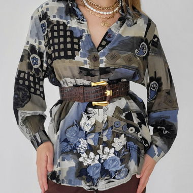 Blusa vintage a maniche lunghe con motivi eclettici