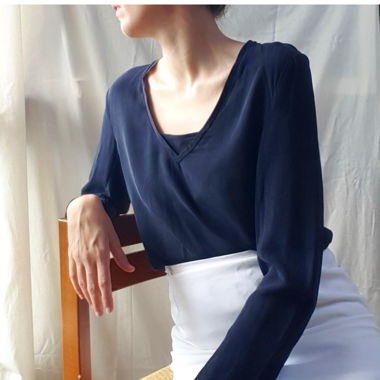 Branded deep blue minimal silk blouse