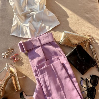 Pantalon élégant, taille haute, ceinturé, Lila 