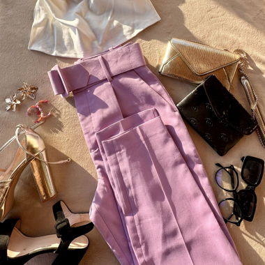 Pantalon élégant, taille haute, ceinturé, Lila 