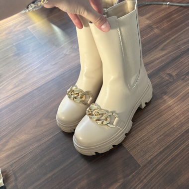 Beige Chunky Boots with Gold Chain