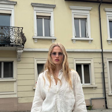 Vintage Striped Button-Up Shirt – Beige (Size L)