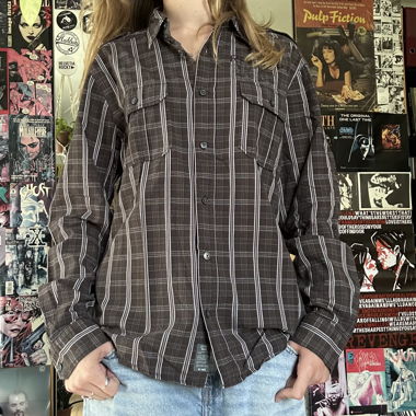 brown white plaid shirt