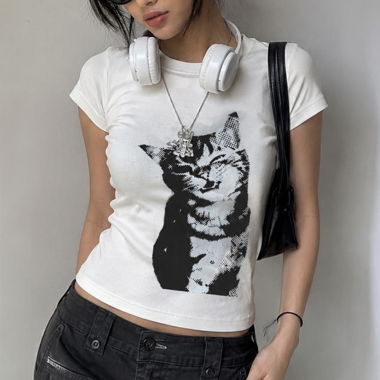 Weisses Cat Print T-Shirt Y2K Style