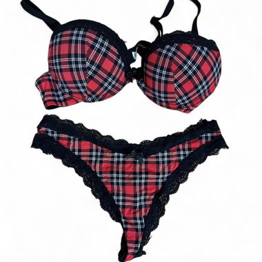 Red and black plaid bralette and thong set