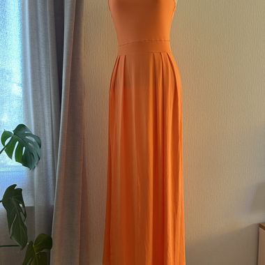 Bright Orange Asymmetrical Long Dress with Slit