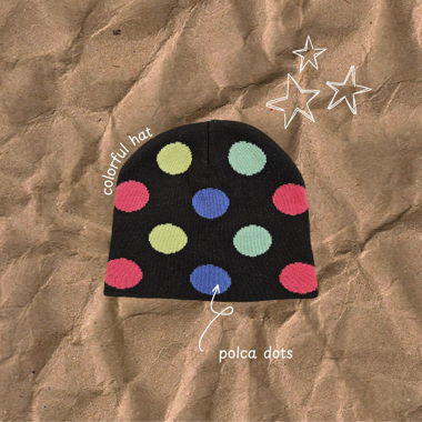 Black hat with colorful polca dots