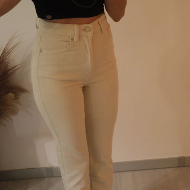 Cream High-Waist Corduroy Trousers
