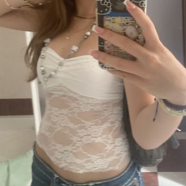 white mesh floral pattern top