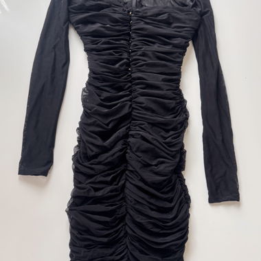 Black Pleated Long-Sleeve Dress