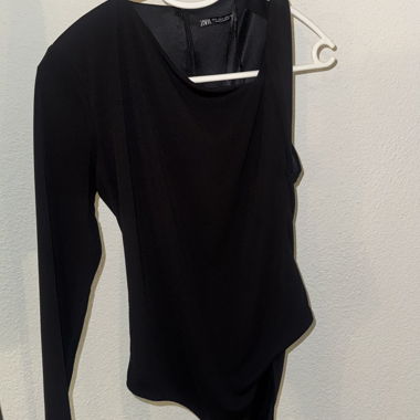 Black Zara Asymmetric Long-Sleeve Bodysuit