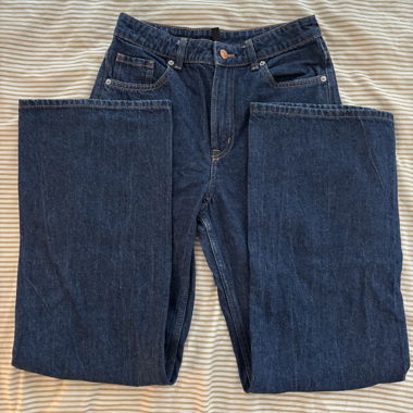 High waist straight dark blue jeans