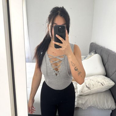 Grey Ribbed Bodysuit with Lacing