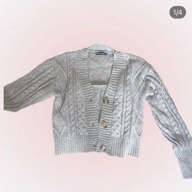 Ensemble cardigan et bandeau en maille gris